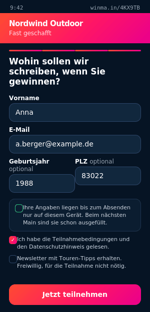 Eingabe von Name, E-Mail, Geburtsjahr und Postleitzahl