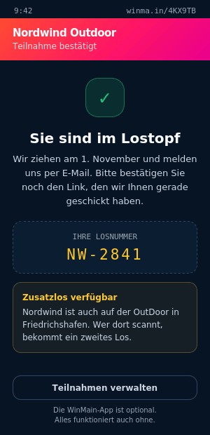 Bestätigung der Teilnahme mit Losnummer