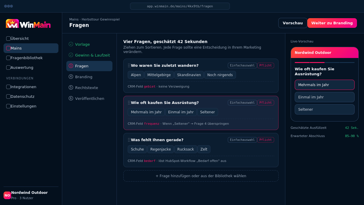WinMain-Backend: Fragen eines Gewinnspiels zusammenstellen, mit Verzweigungslogik, CRM-Zielfeld und Live-Vorschau auf dem Smartphone