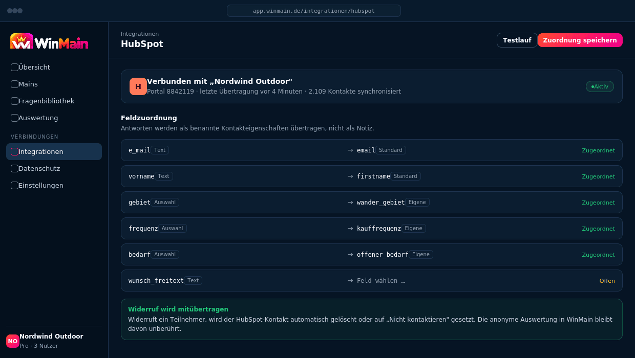 Feldzuordnung zwischen WinMain und HubSpot, Antworten werden als benannte Kontakteigenschaften übertragen